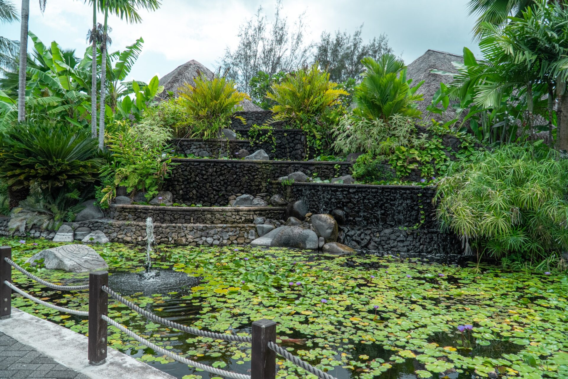Un bassin d'eau avec une fontaine et une décoration de plantes dans un jardin à Tahiti, Polynésie française