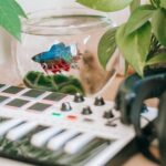 Un poisson Betta vibrant nage dans un bol à côté d'un synthétiseur et d'écouteurs entourés de plantes vertes.